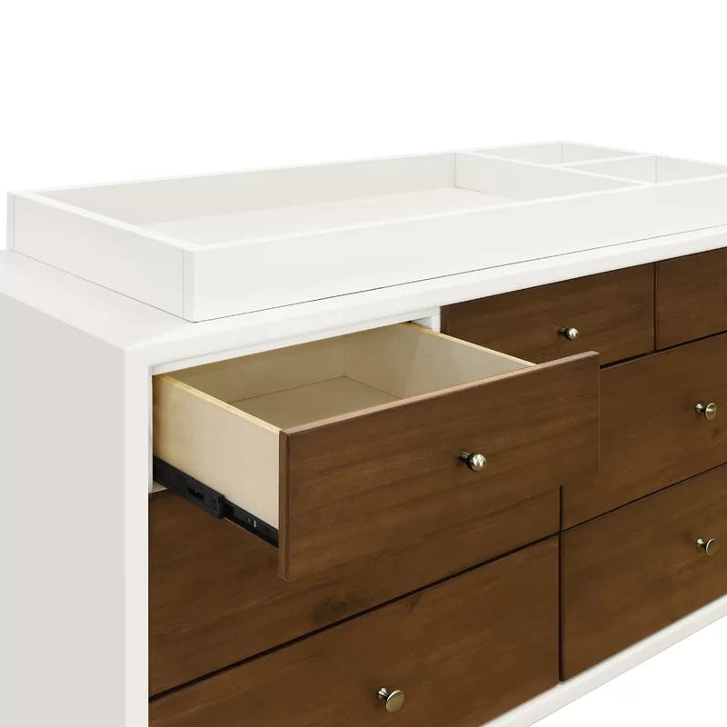 Warm White and Natural Walnut Mid-Century Double Dresser with Tapered Legs
