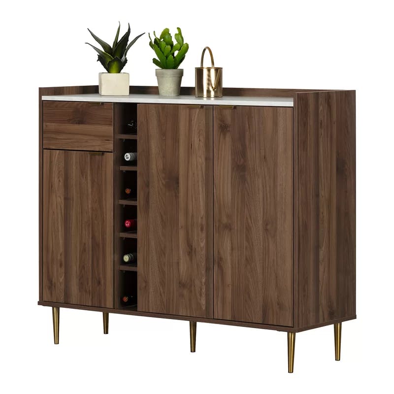 Scandi-Chic Glam Walnut Buffet with Wine Storage and Marble Accents