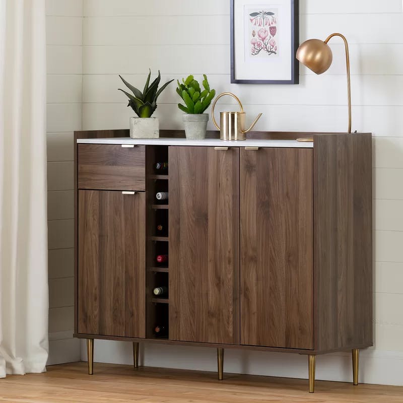 Scandi-Chic Glam Walnut Buffet with Wine Storage and Marble Accents