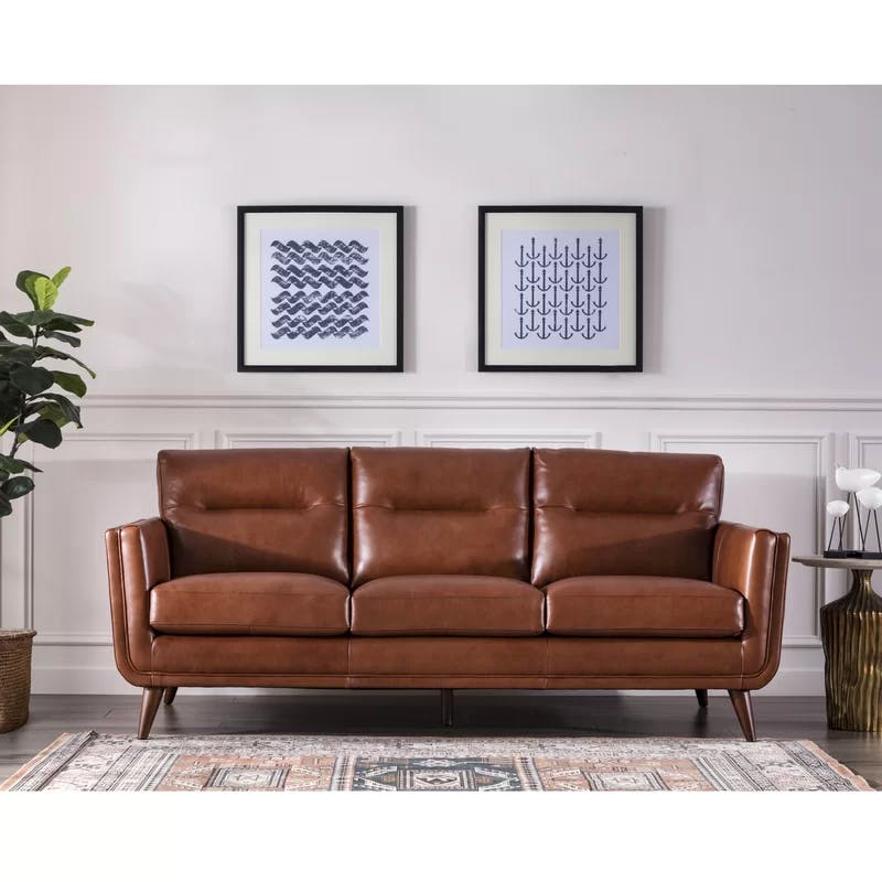 Cobblestone Brown Tufted Leather Sofa with Removable Cushions