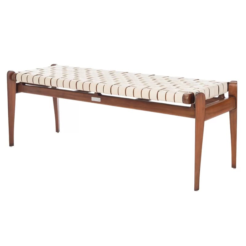 Dilan Sophisticated White Genuine Leather Bench with Mahogany Frame