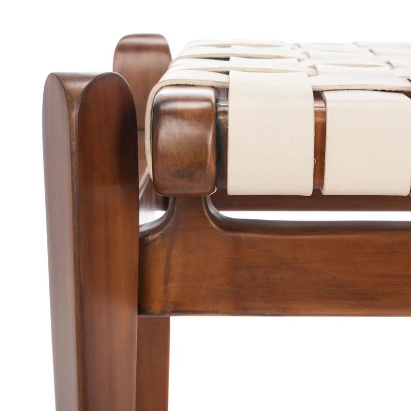Dilan Sophisticated White Genuine Leather Bench with Mahogany Frame