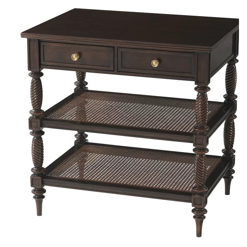 Cambridge Reeded Rectangular Wood Side Table with Caned Shelves