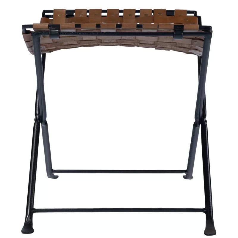 Rustic Charm Black Iron and Brown Leather Stool with Nailhead Trim