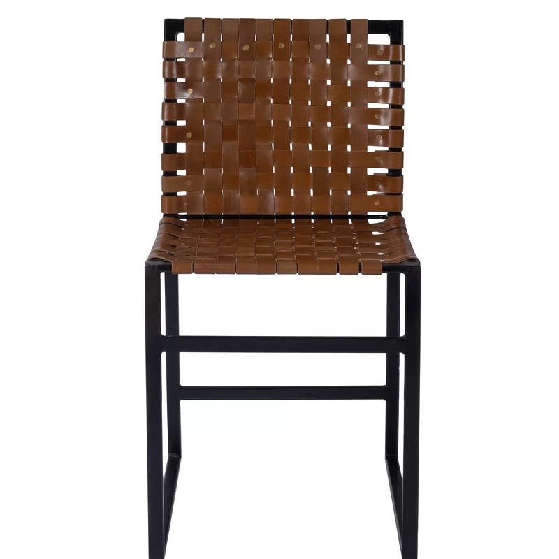 Urban Rustic Black Iron Base Genuine Leather Side Chair