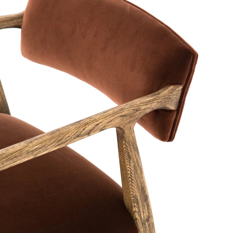 Edith Rustic Oak Wood Frame Velvet Upholstered Arm Chair