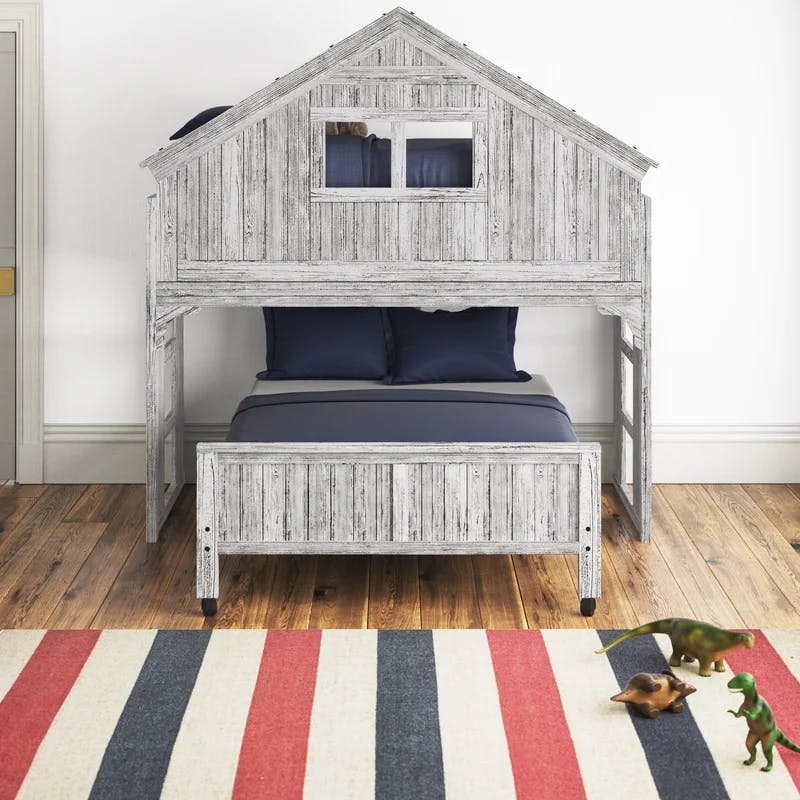 Rustic Loft Full/Double Bed Frame with Pine Wood Headboard in Brushed Driftwood