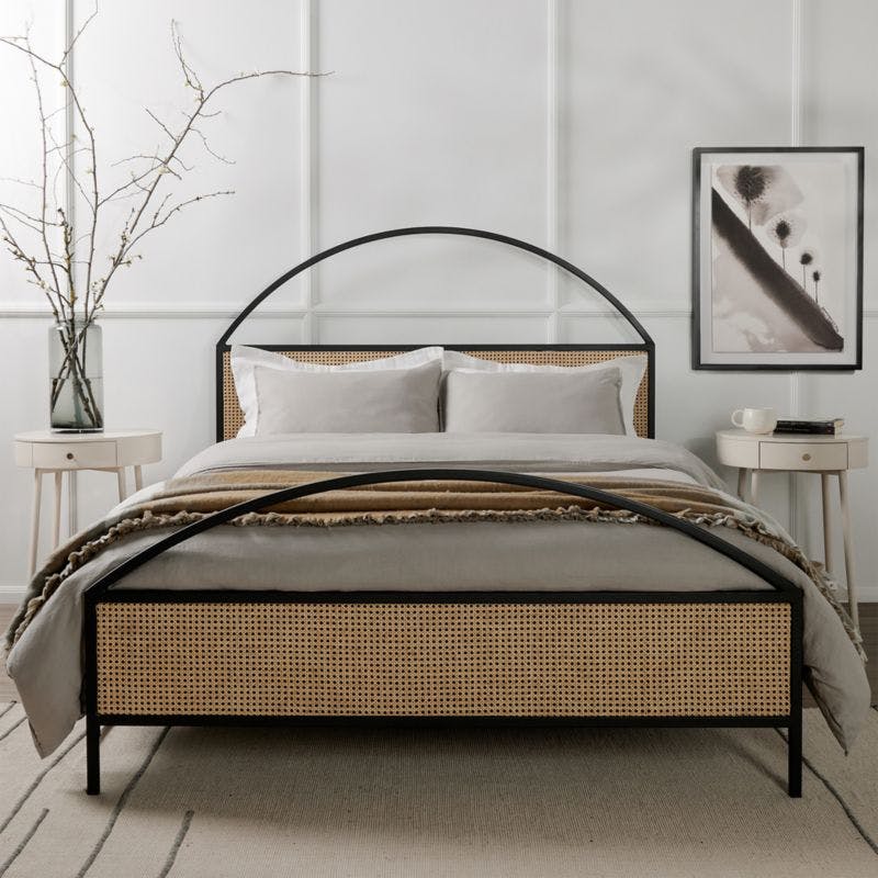 Contemporary Black King Panel Bed with Natural Cane Accents