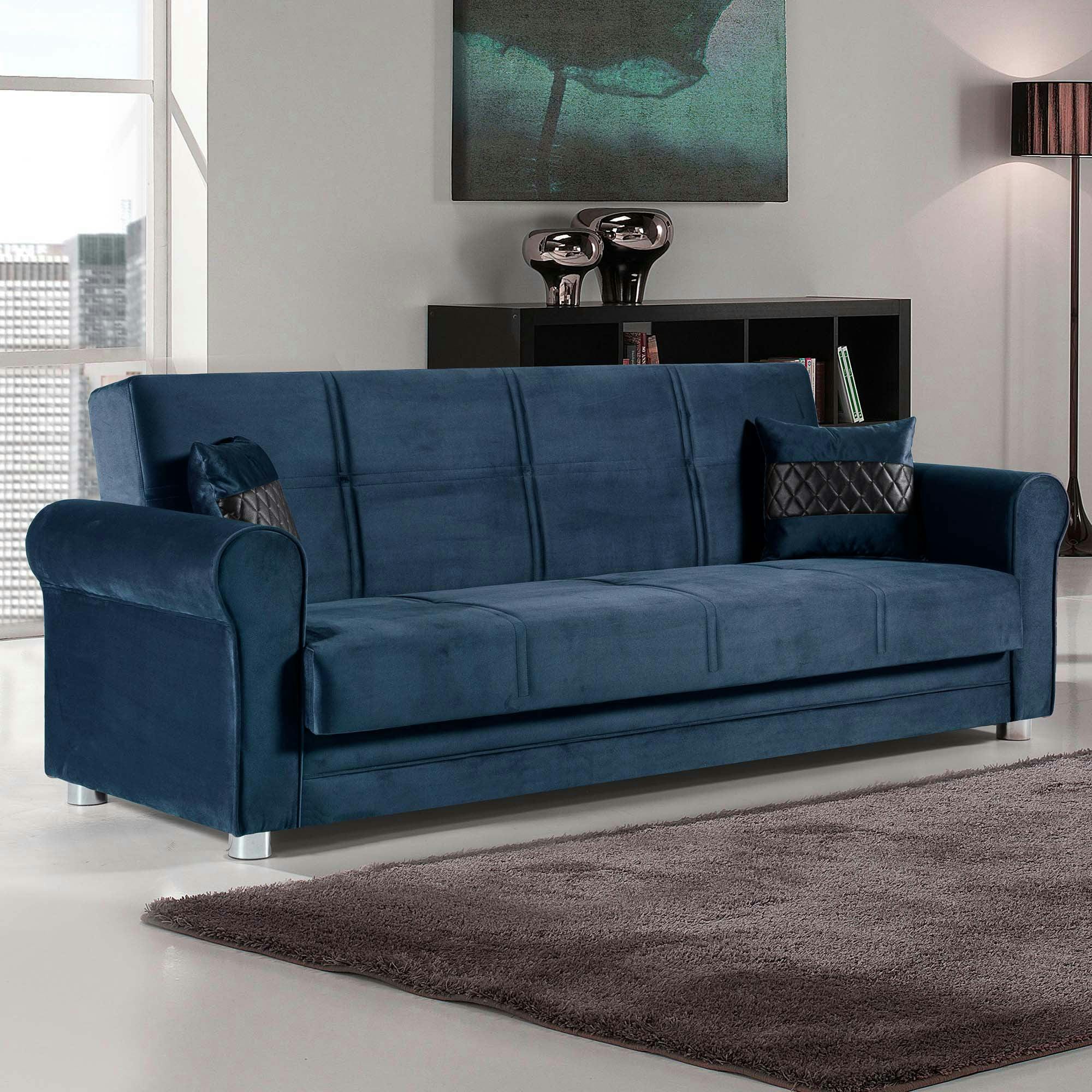 Twin Blue Microfiber Convertible Sofa Bed with Storage
