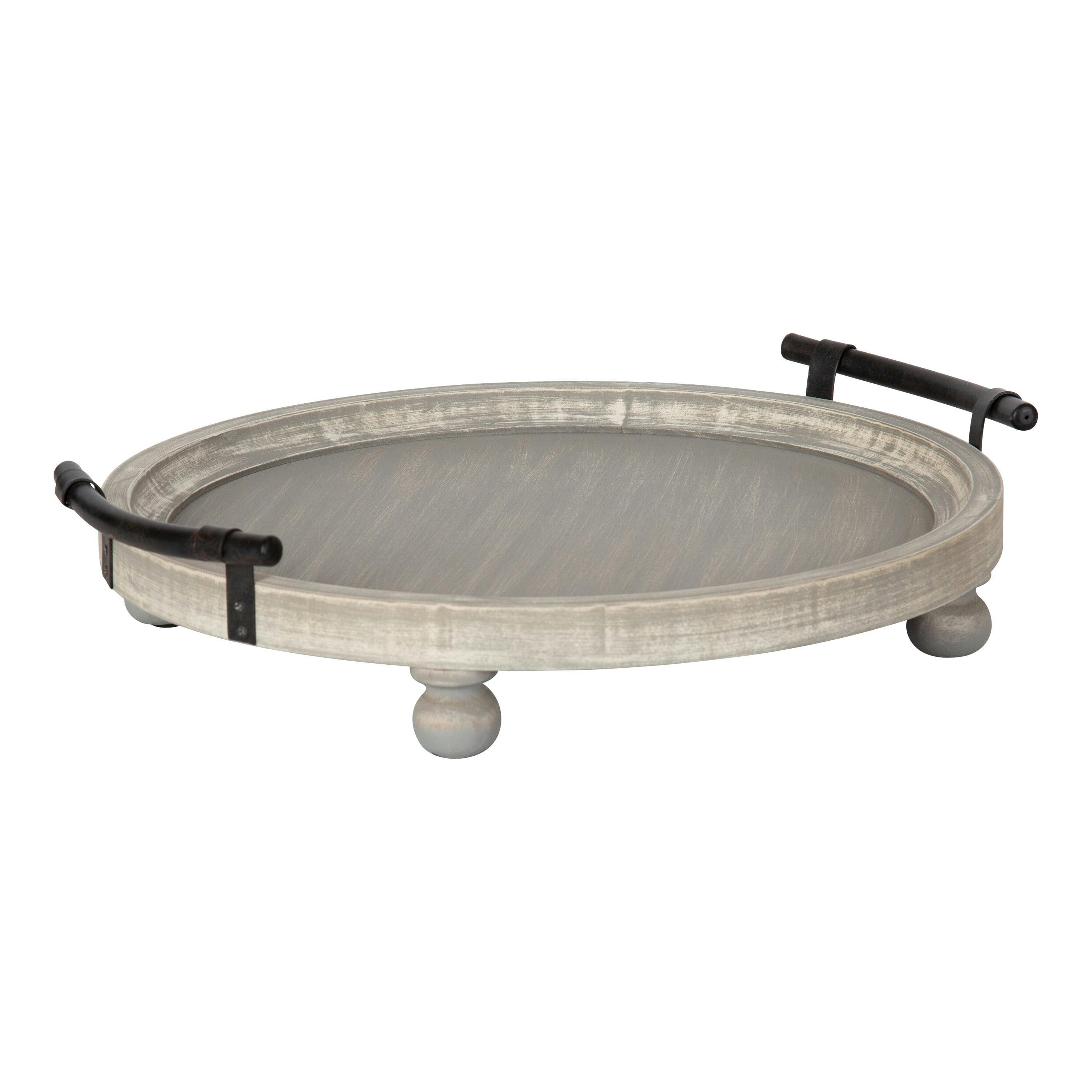 Lucia 15" Rustic Gray Round Wooden Footed Tray