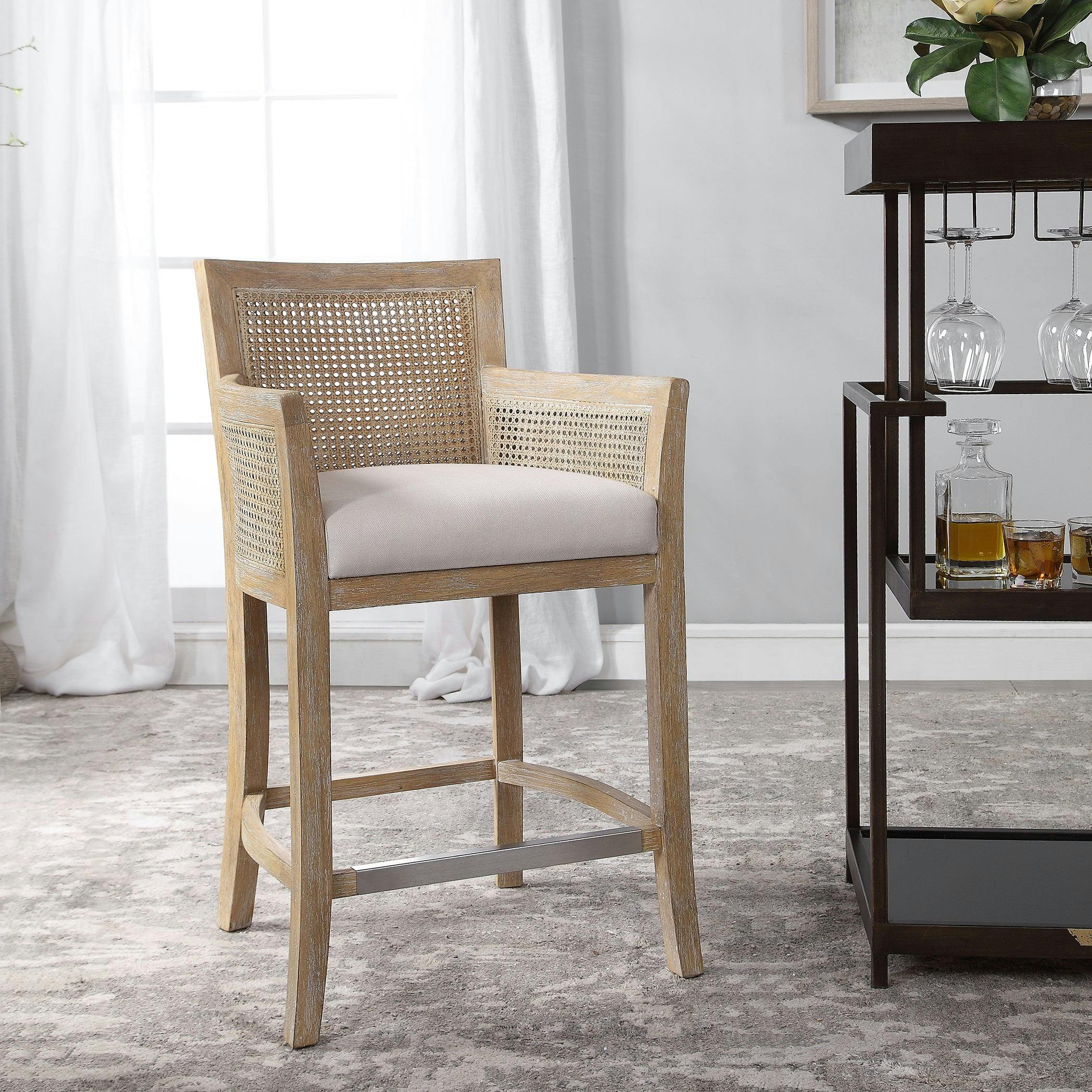 Coastal White Wood and Metal Counter Stool with Off-White Cushion