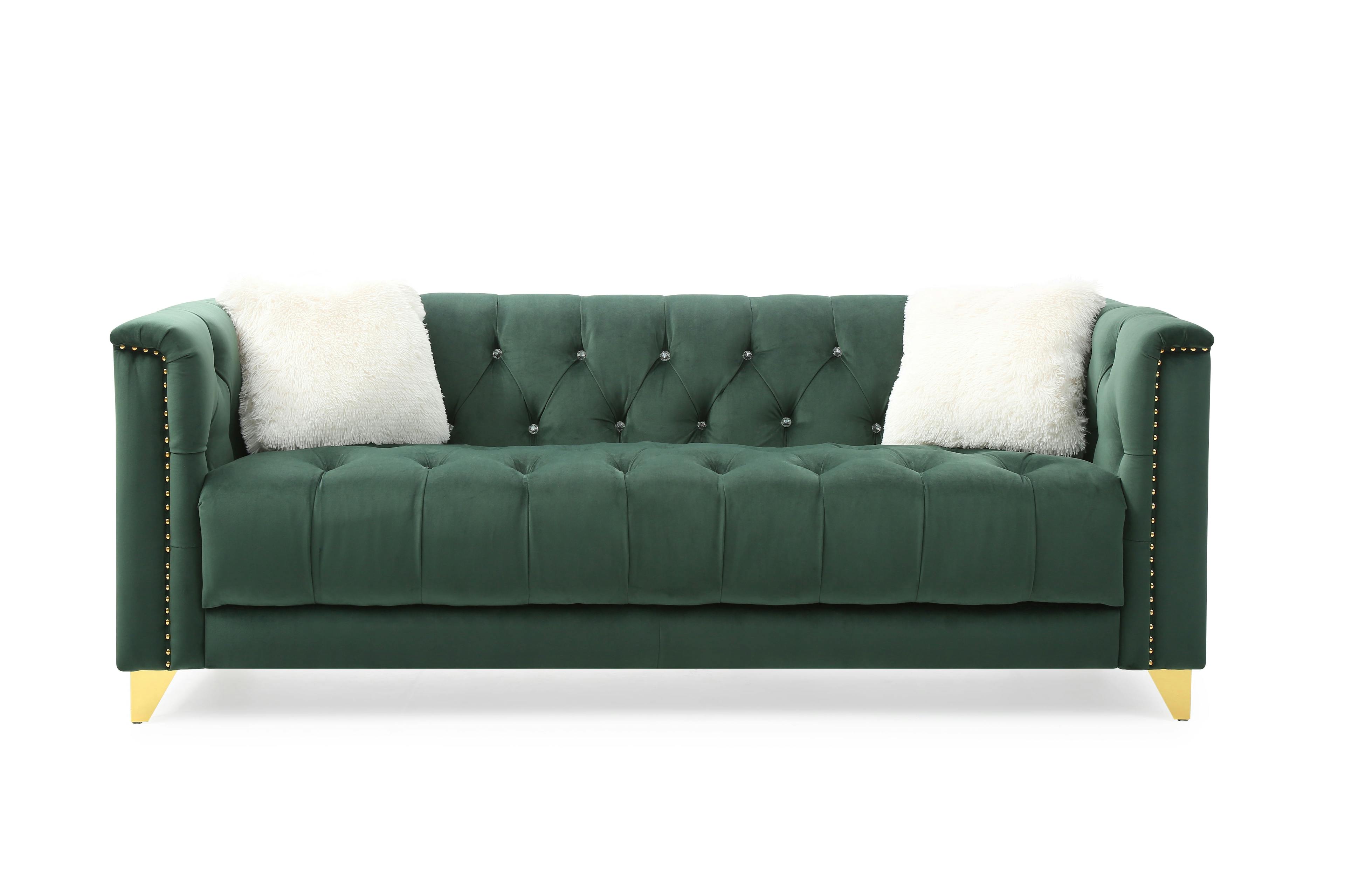 Elegant 88'' Green Velvet Tufted Sofa with Nailhead Accents and Wood Frame