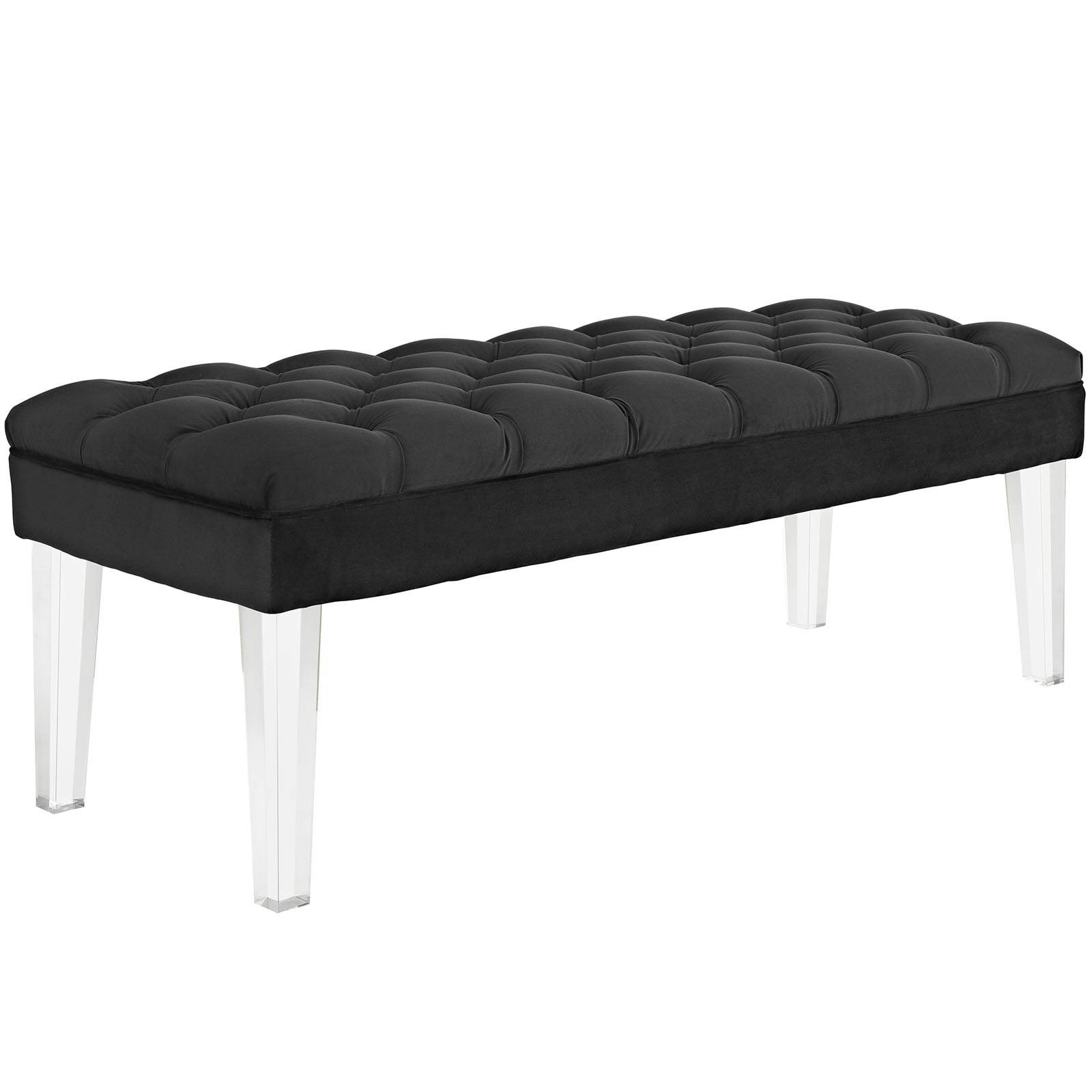 Valet Luxe Button-Tufted Black Velvet Bench with Clear Acrylic Legs