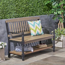 Larry Outdoor Rustic Acacia Wood Bench with Shelf, Gray and Black
