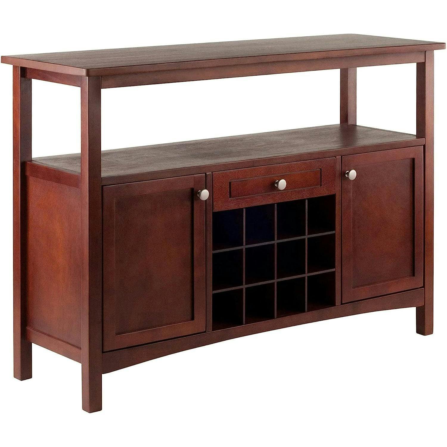 Winsome Transitional Walnut Buffet Cabinet with Wine Storage