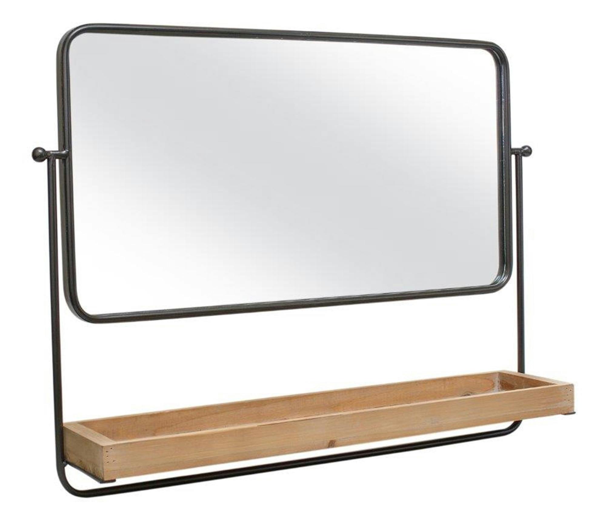 Contemporary Black Metal & Wood Wall Mirror with Shelf, 29"L
