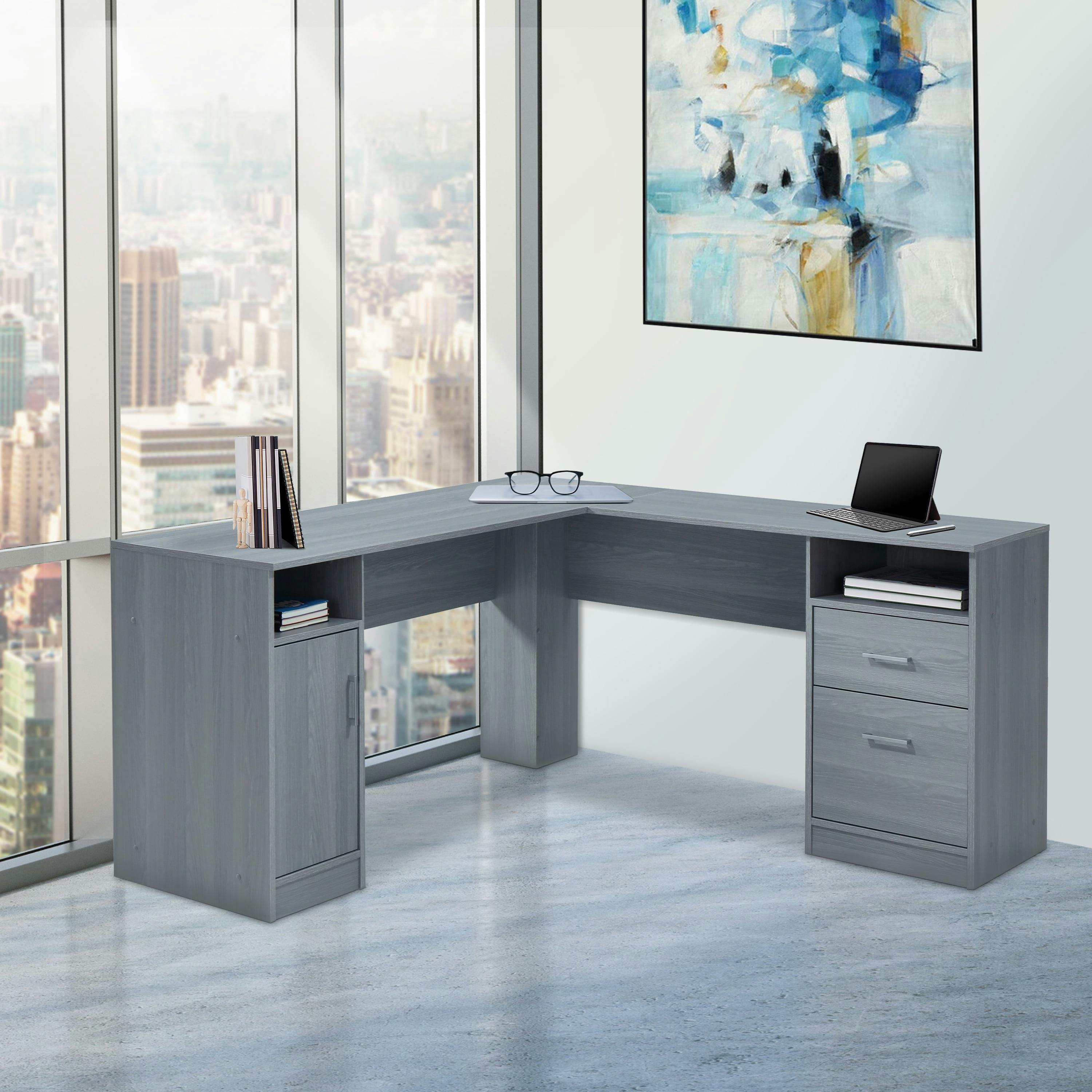 Ergonomic Gray L-Shaped Gaming Desk with Storage and Filing Cabinet