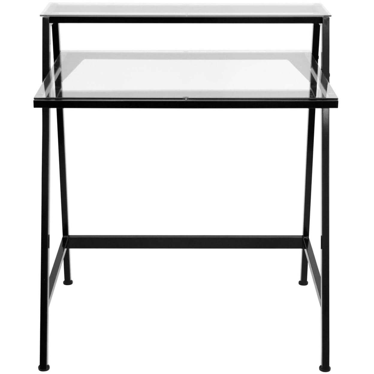 Compact Black Metal 2-Tier Desk with Tempered Glass Hutch