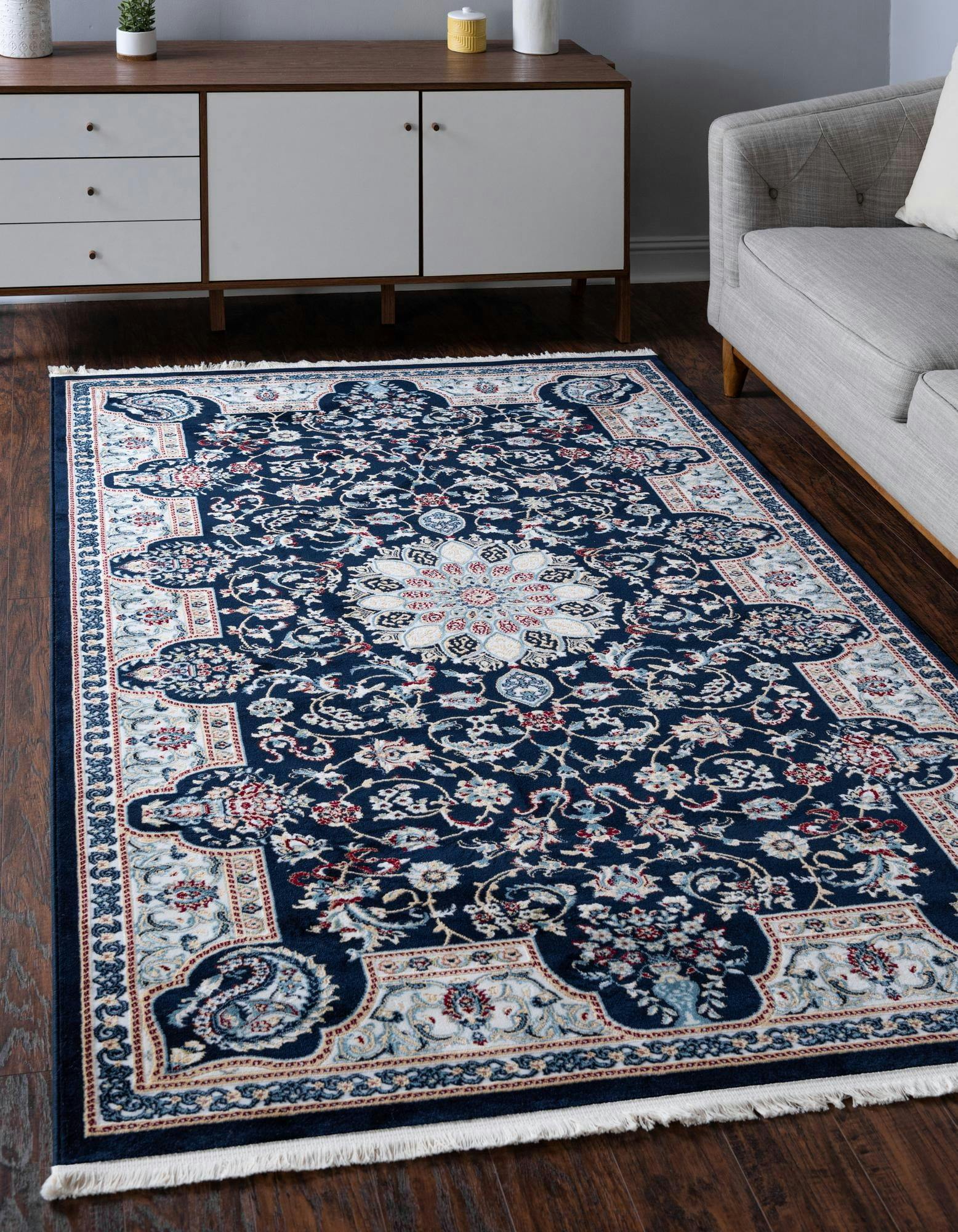 Navy Blue Floral Essence 3' x 5' Synthetic Rectangular Rug