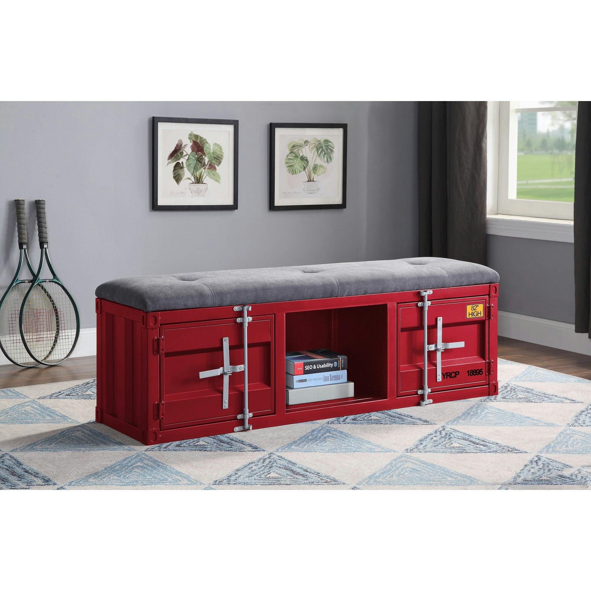 Konto Industrial Gray Fabric & Red Metal Storage Bedroom Bench