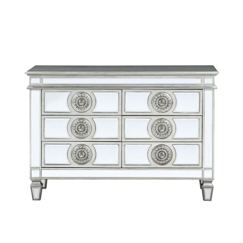 Elegant Silver Mirrored Server with Medallion Front and 6 Drawers