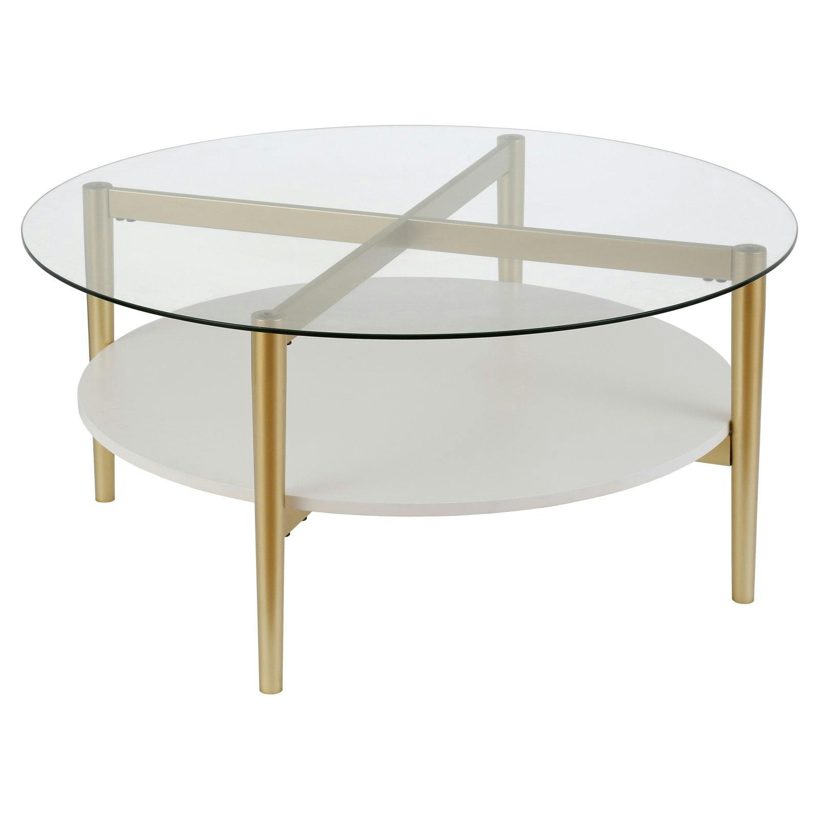 Oakley Brass Metal Round Coffee Table with White Shelf