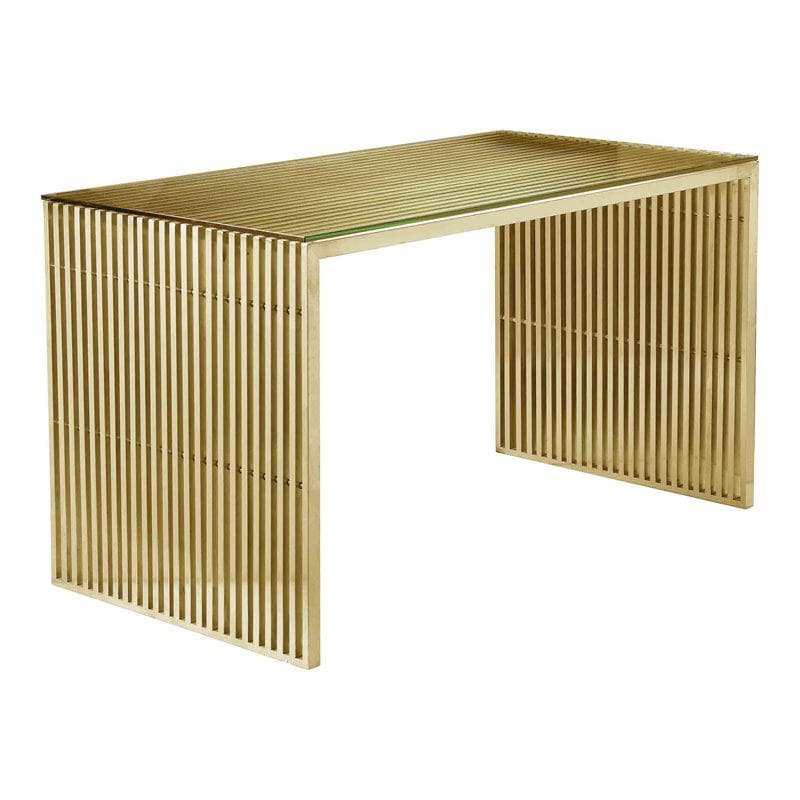 Pangea Home Lux 59" Modern Brushed Steel Metal and Glass Desk in Gold