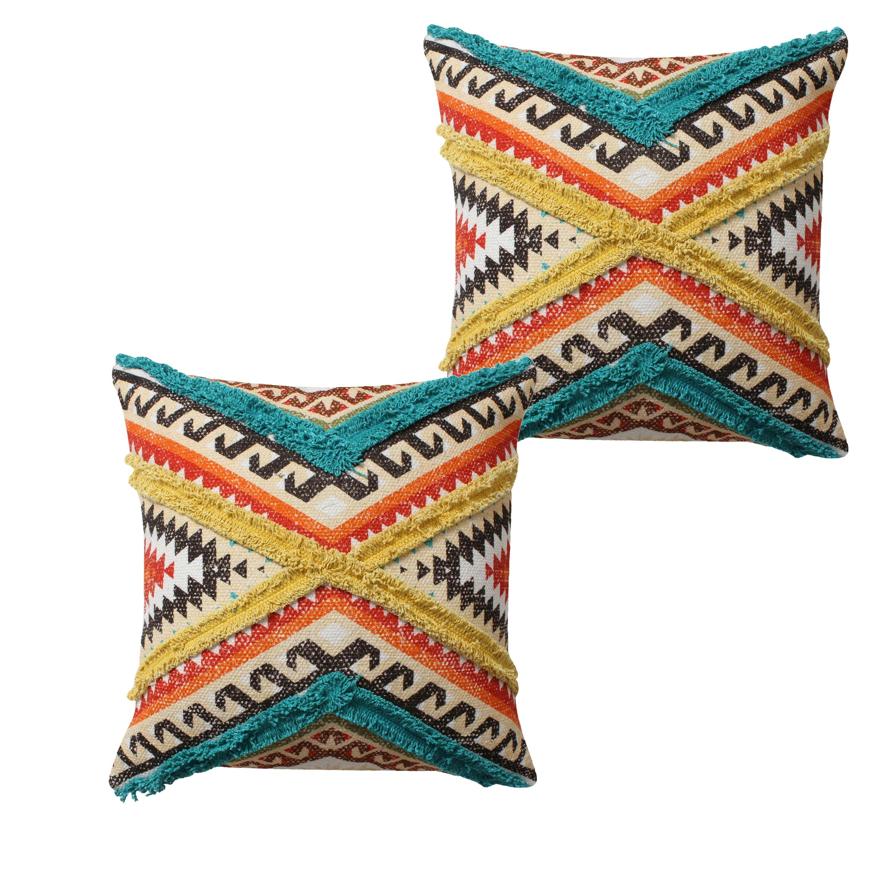 18" Square Cotton Accent Throw Pillow with Aztec Tribal Fringes, Multicolor