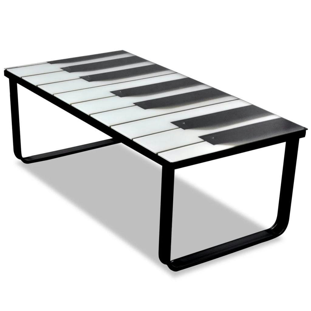 Elegant Sled Coffee Table with Tempered Glass Piano Print Top