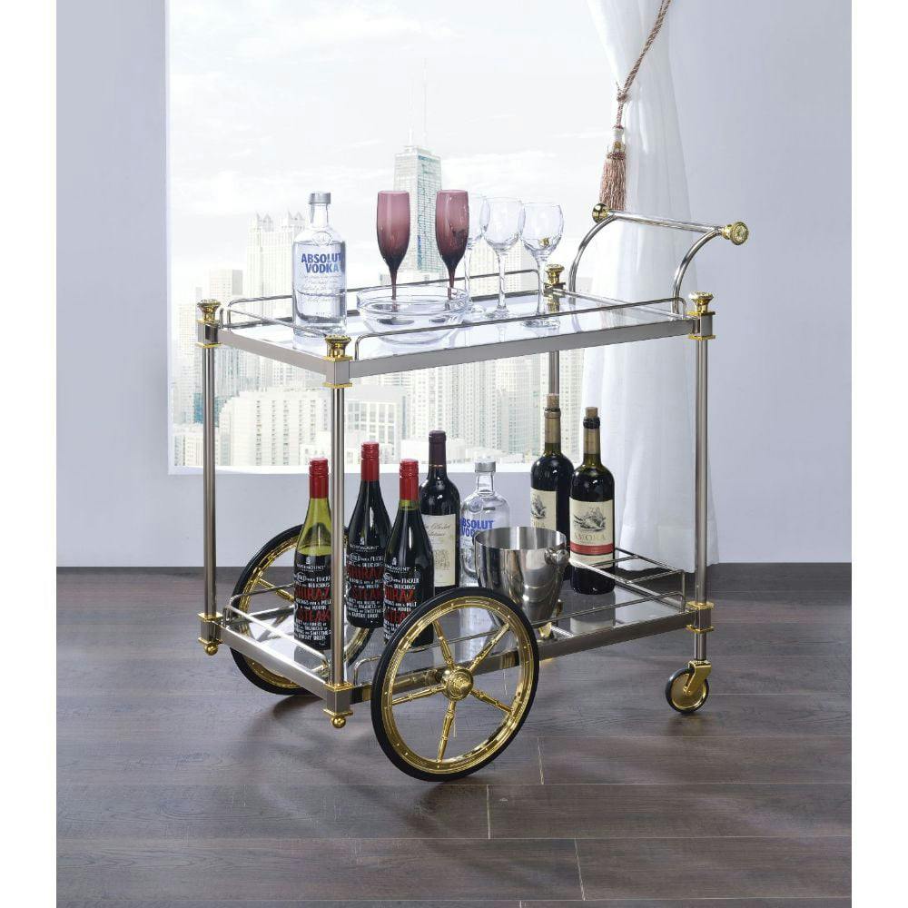 Modern Silver and Gold Metal Serving Cart with Glass Shelves