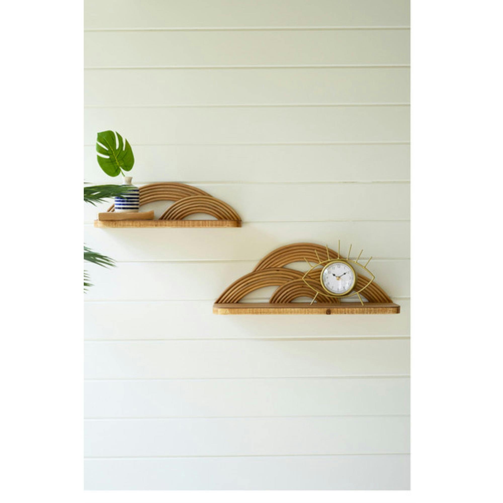 Arched Cane Detail Dual Wooden Wall Shelves Set