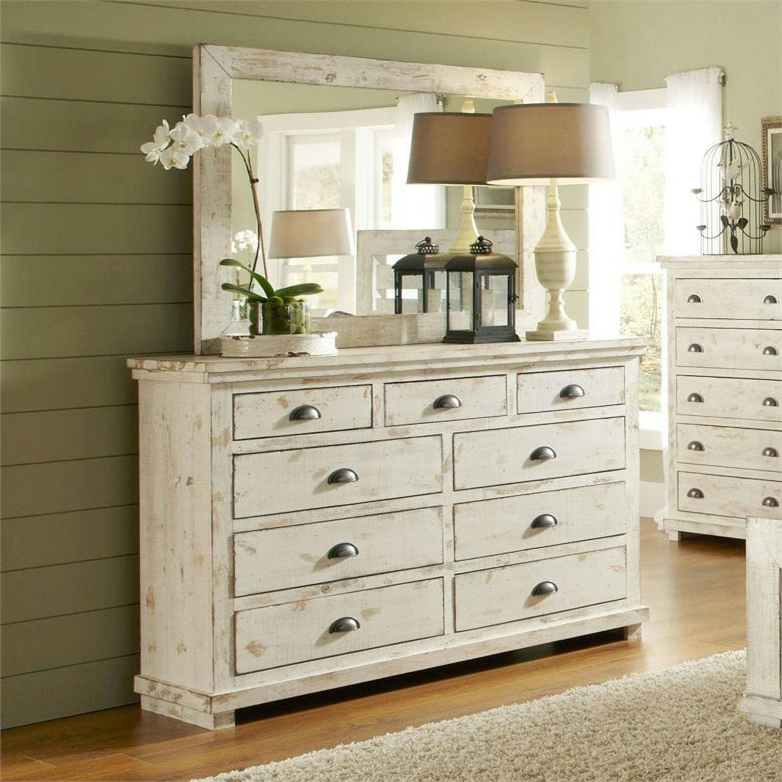 Wolferstorn 9-Drawer Distressed White Wood Dresser with Mirror