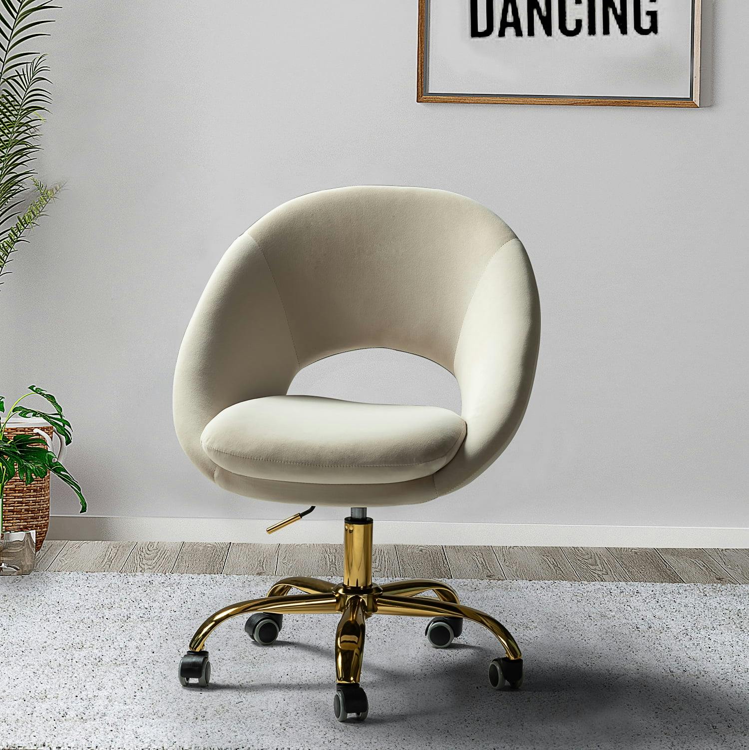 ErgoSwivel Tan Velvet Task Chair with Metal Base and Pine Accents