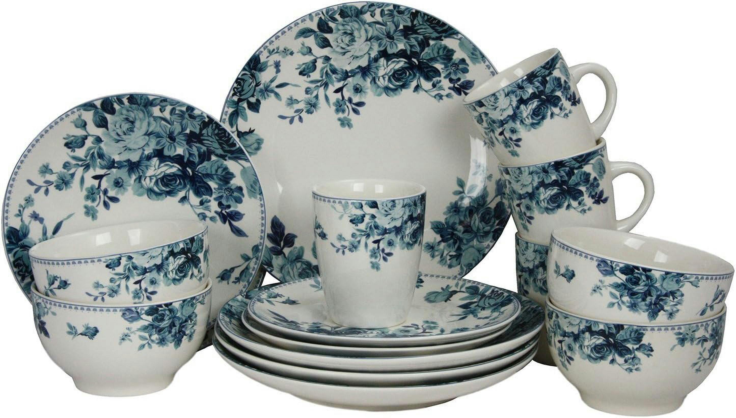 Elegant Floral Blue & White Ceramic Dinnerware Set, Service for 4