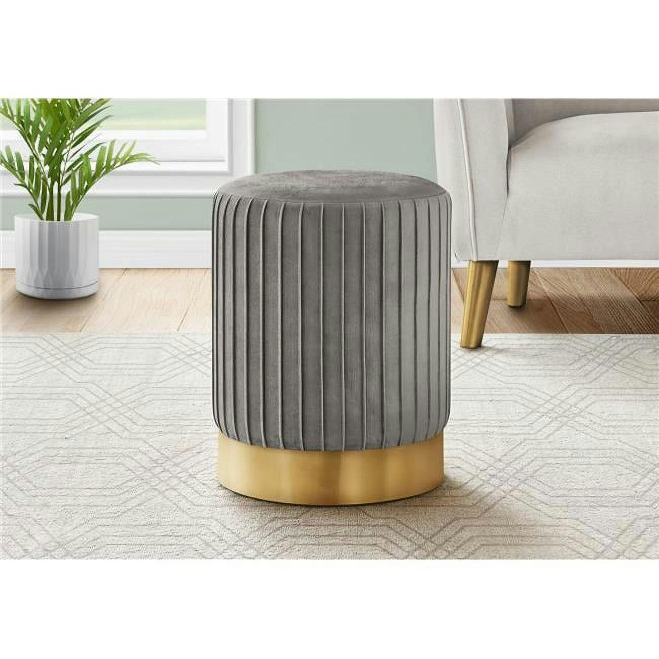 Contemporary Grey Velvet Tufted Round Pouf with Gold Metal Base