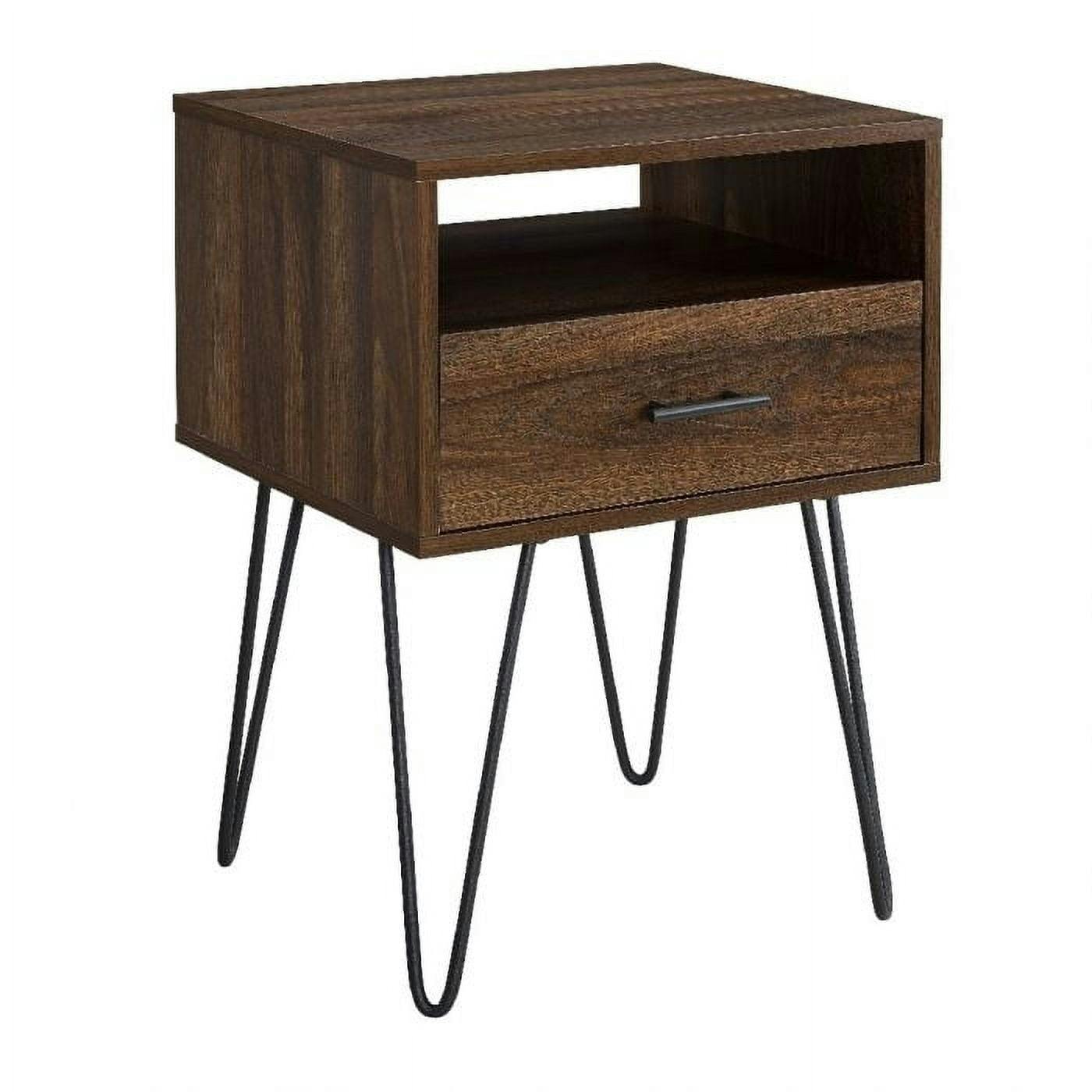 Contemporary Dark Walnut Hairpin Leg Side Table with Drawer