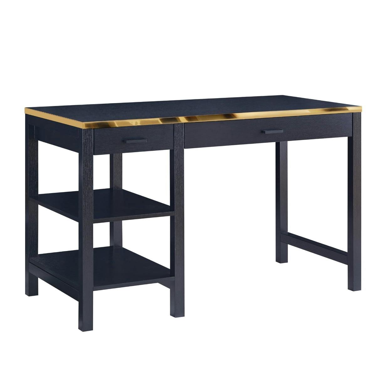 Sophisticated Black Wooden Desk with Gold Accents and Storage