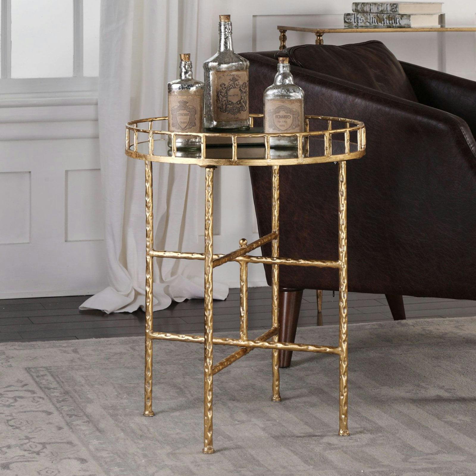 Elysian 20" Gold Mirrored Round Accent Table with Cross Bar Base