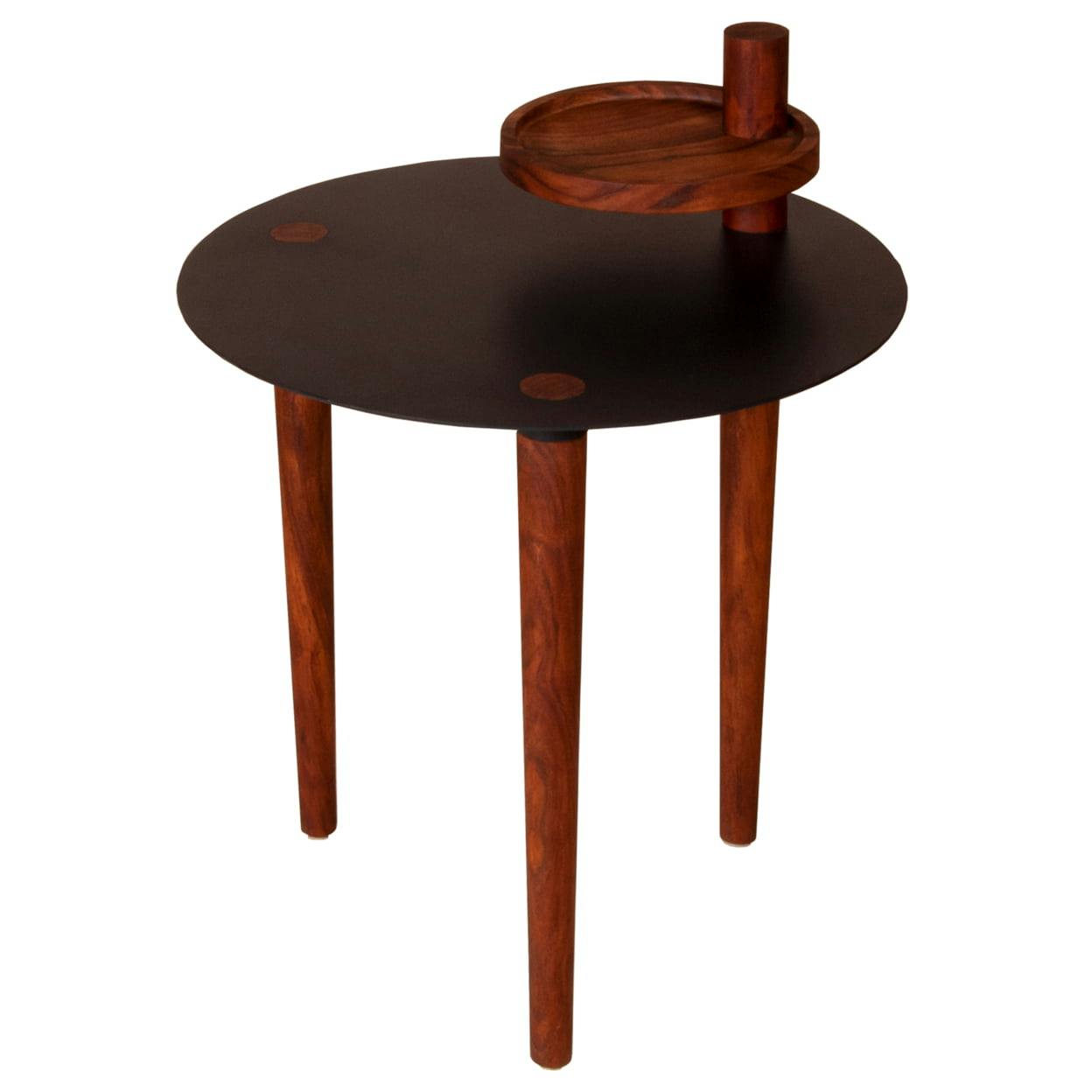 Acacia Wood and Metal Rotatable Tray Side Table in Brown and Black