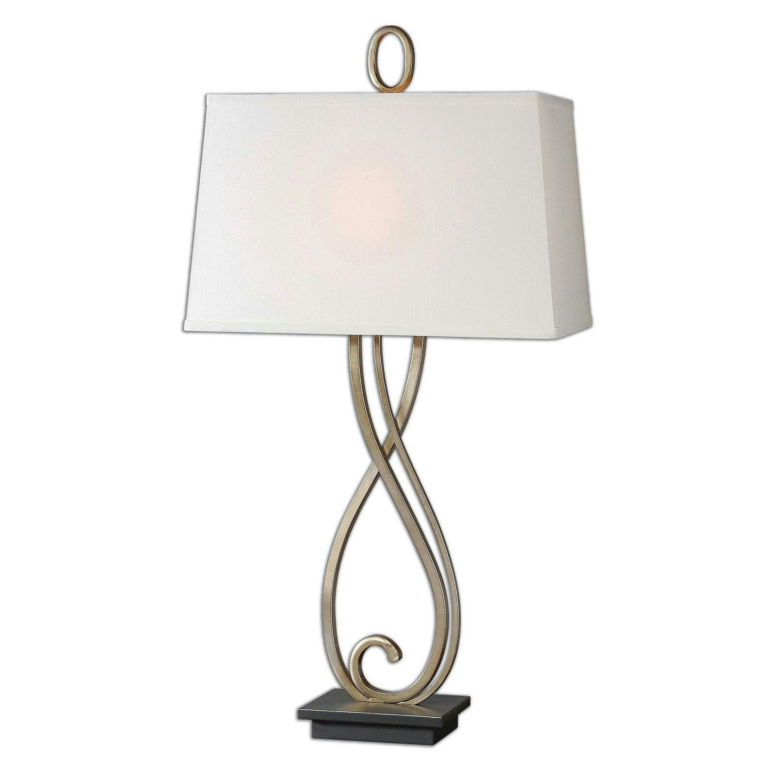 Antiqued Silver Champagne Scroll 1-Light Table Lamp with Linen Shade