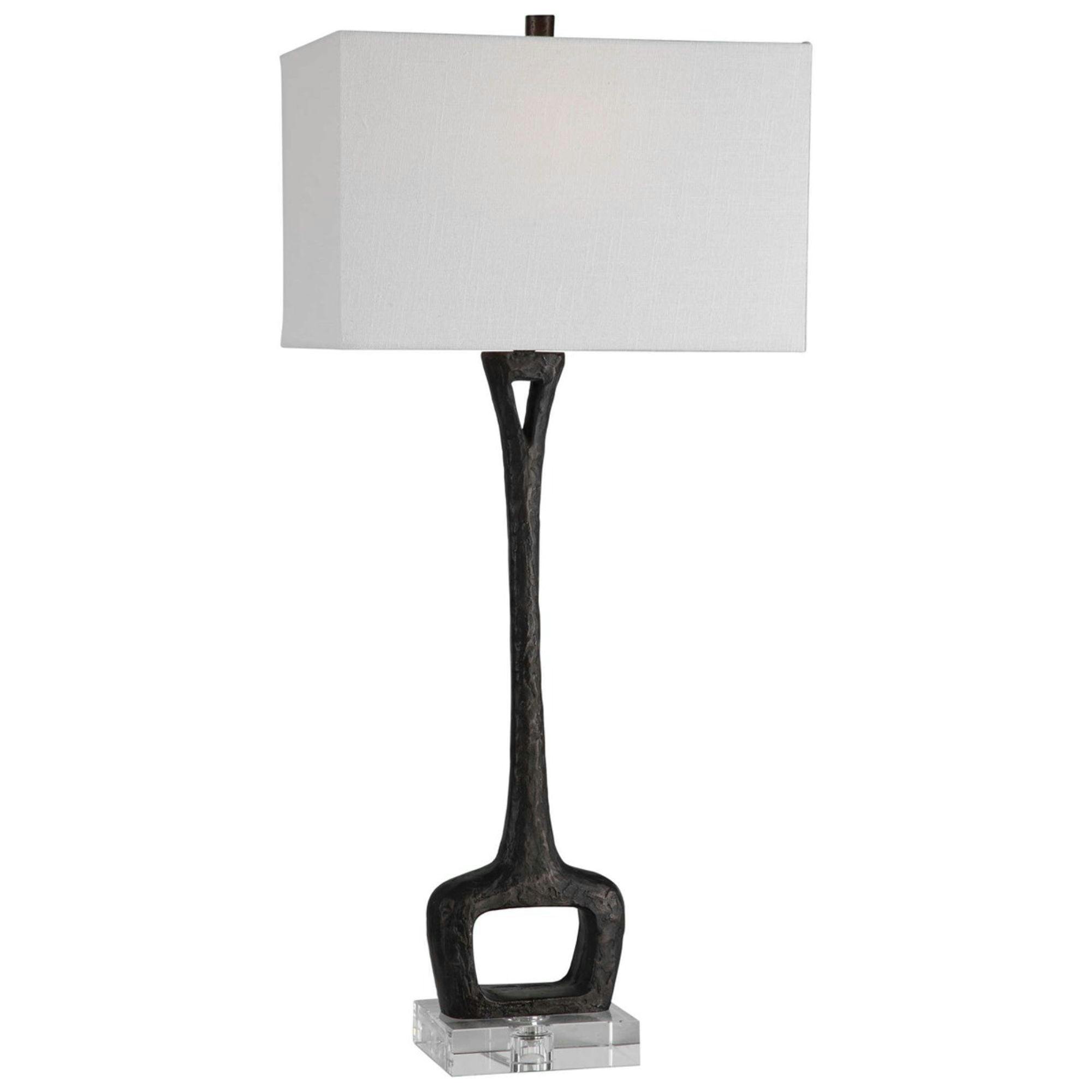 Aged Black Cast Iron Table Lamp with White Linen Shade