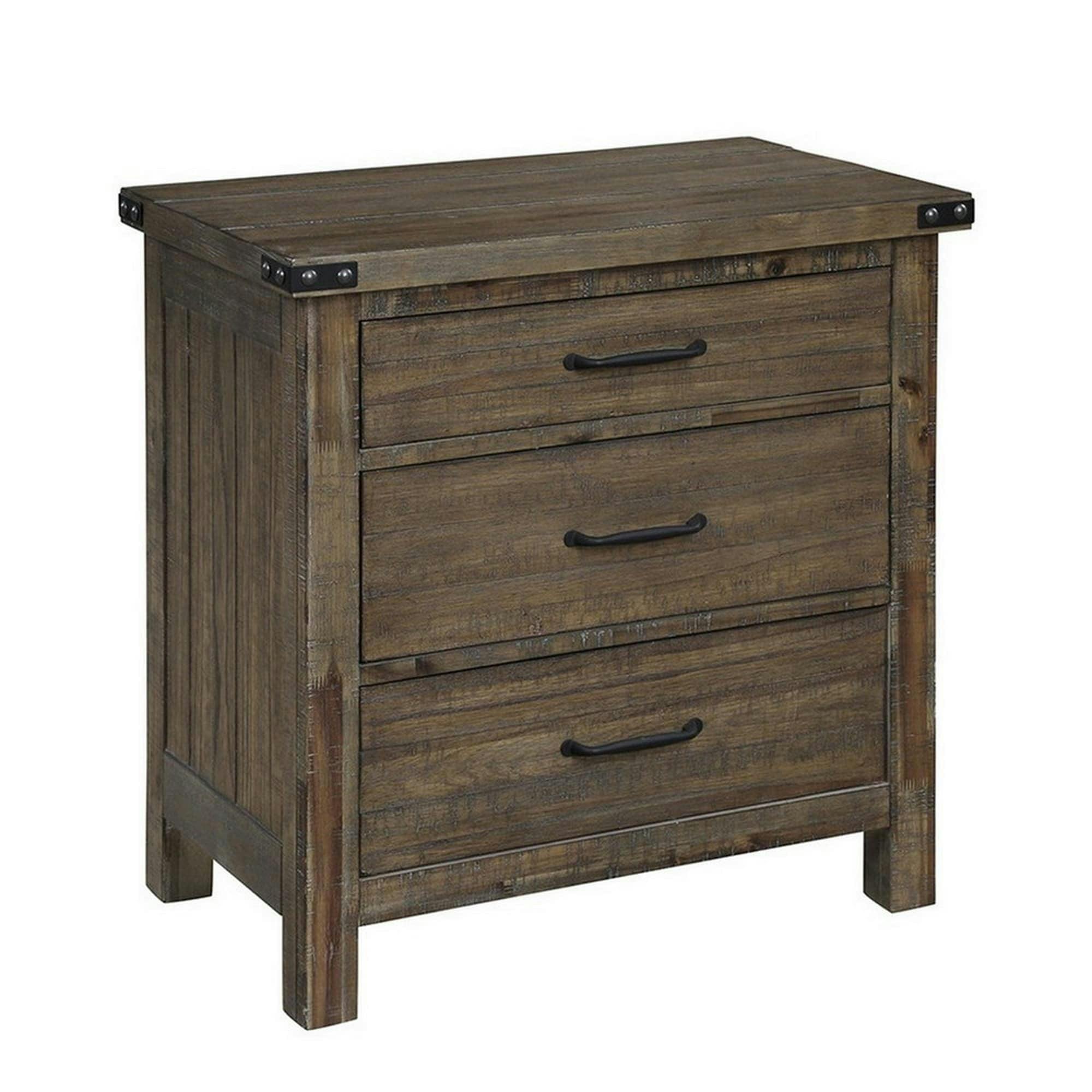 Farmhouse Rustic Solid Wood & Veneer Nightstand with Metal Accents, Brown