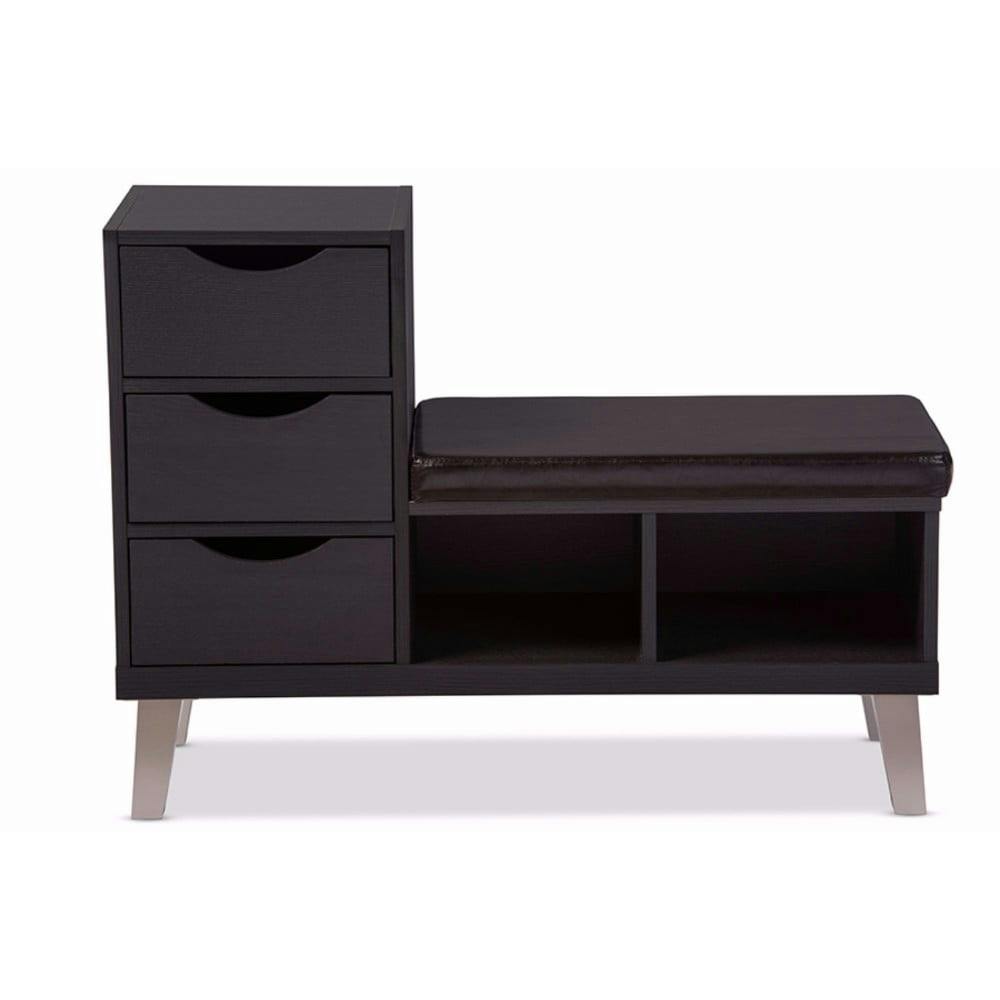 Arielle Modern 3-Drawer Dark Brown Bench with Padded Seating and Storage Shelves