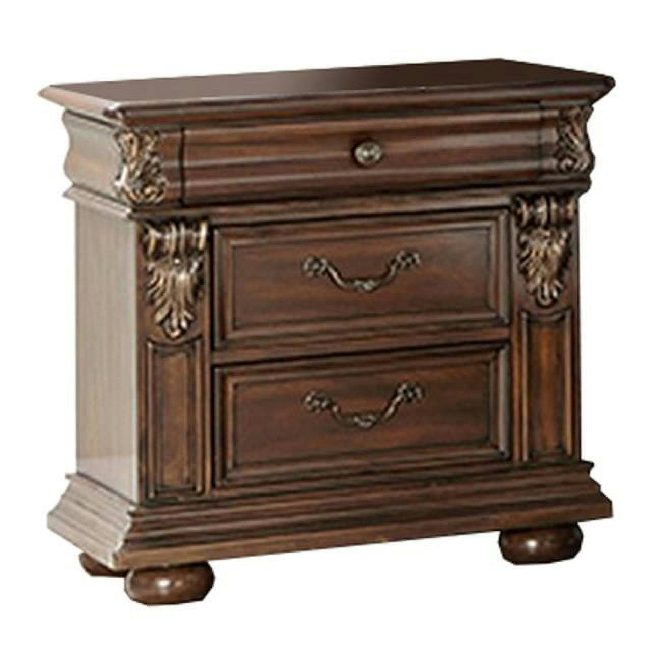 Regal Carved 3-Drawer Wooden Nightstand in Rich Brown