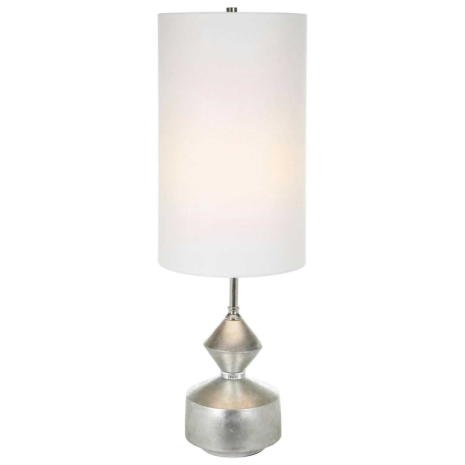 Warm Silver Leaf Geometric Buffet Lamp with White Linen Shade
