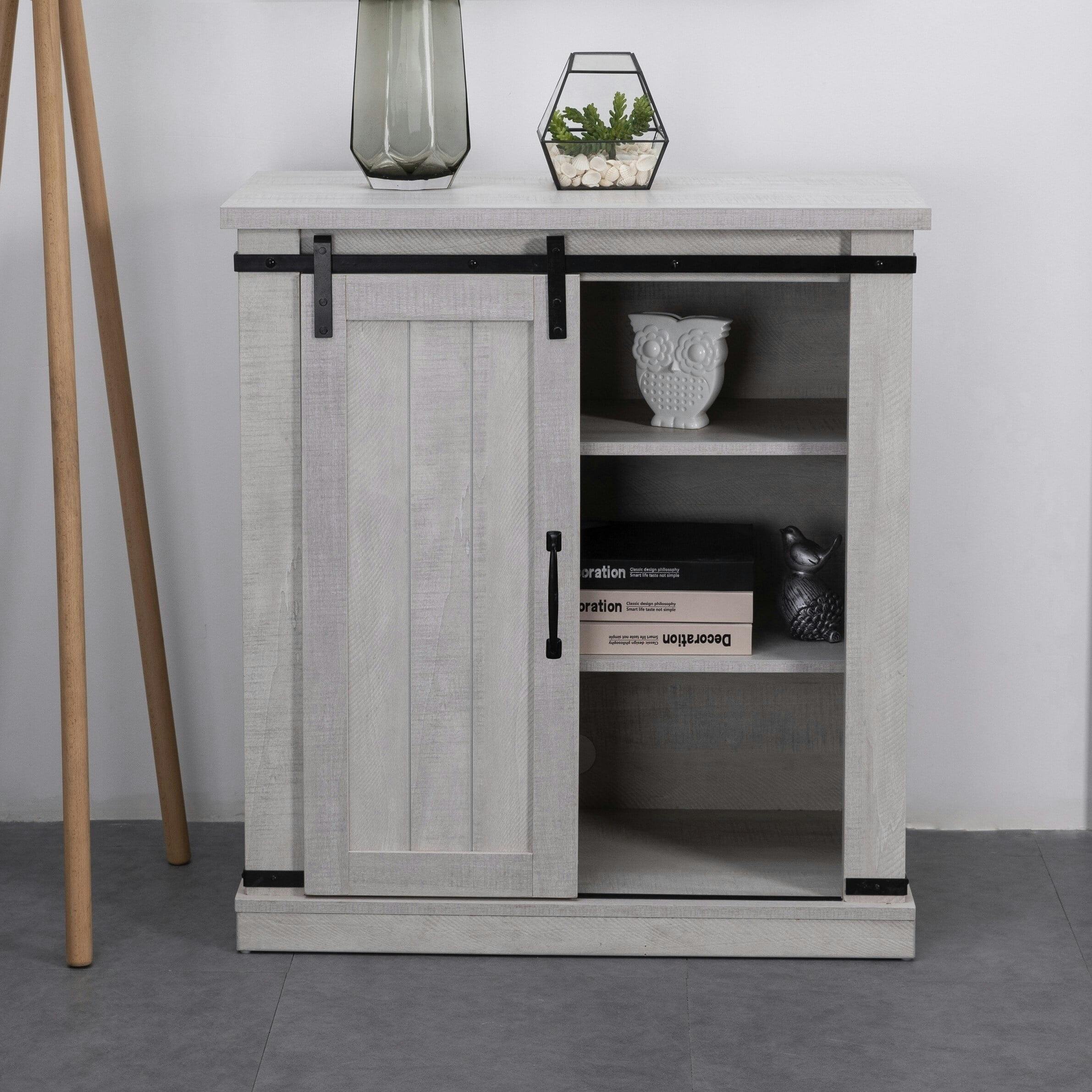 Saw Cut Off-White Compact TV Stand with Barn Door Cabinet