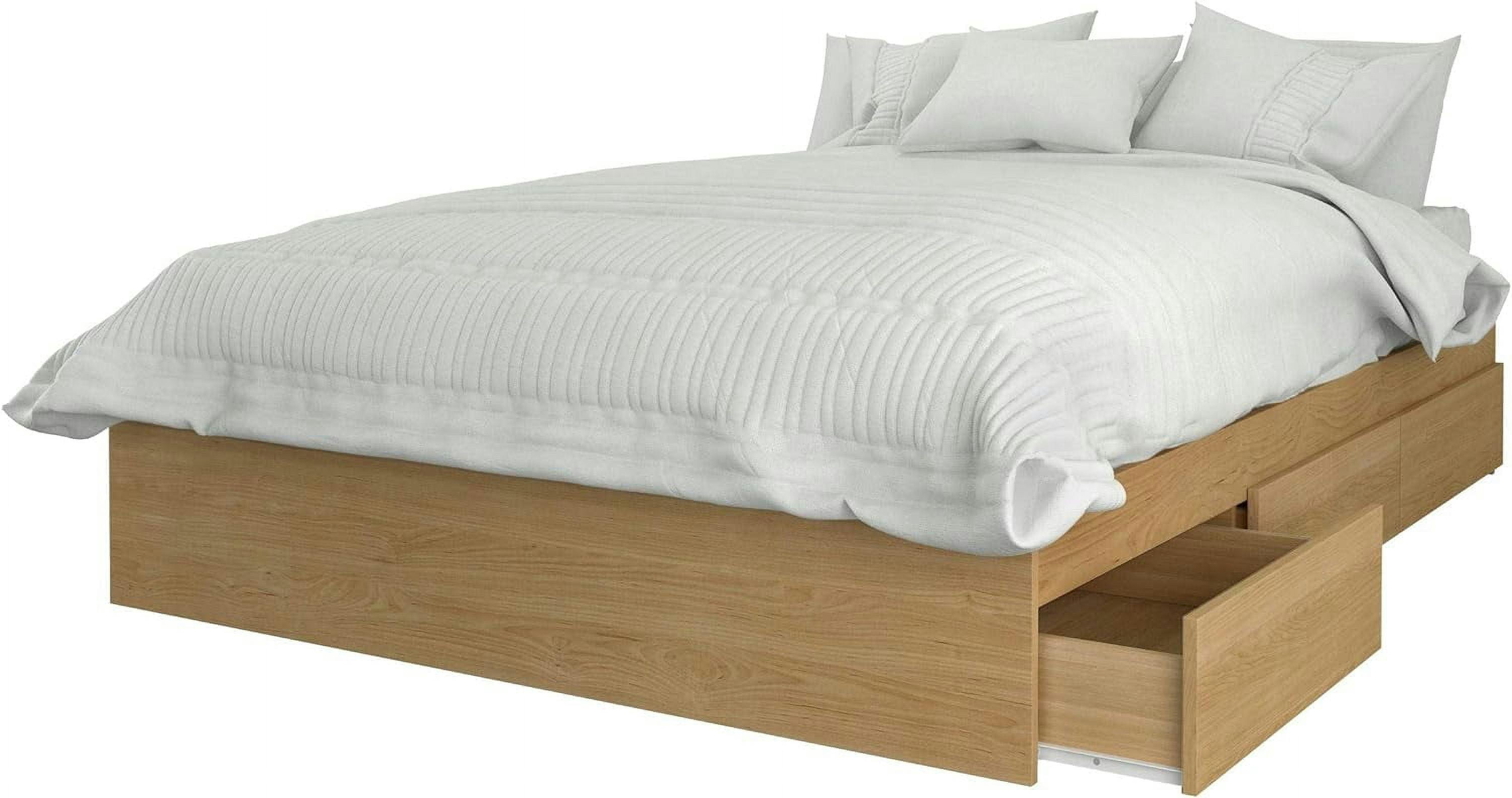 Natural Maple Full Double Bed with 3 Storage Drawers and Wood Frame