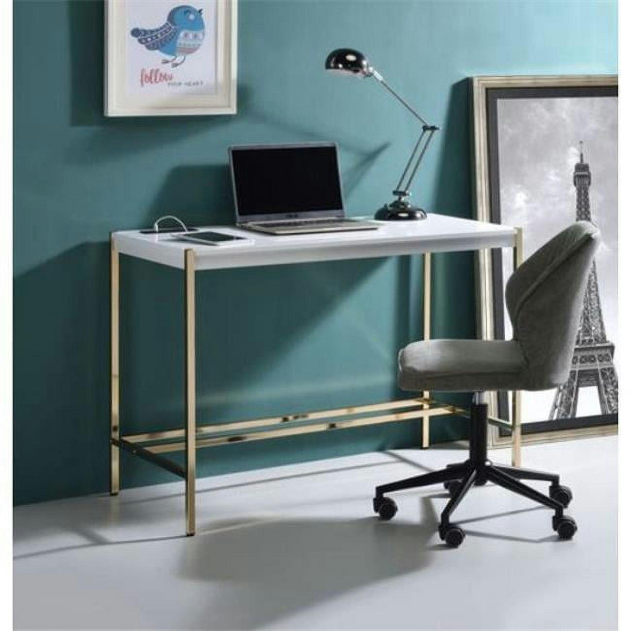 Elegance White & Gold Writing Desk with USB Port and Cable Management