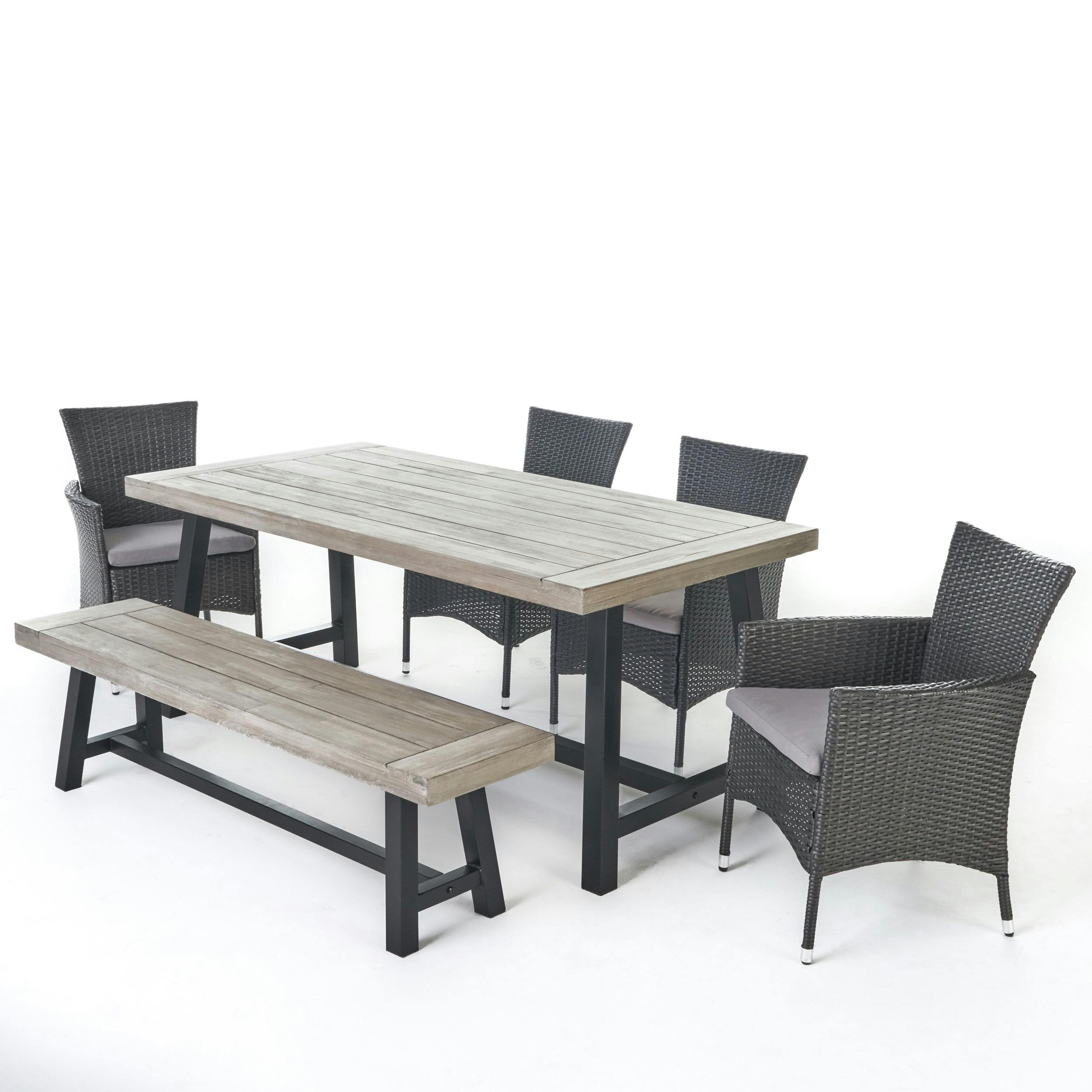Rustic Black and Grey 6-Person Outdoor Dining Set with Silver Cushions