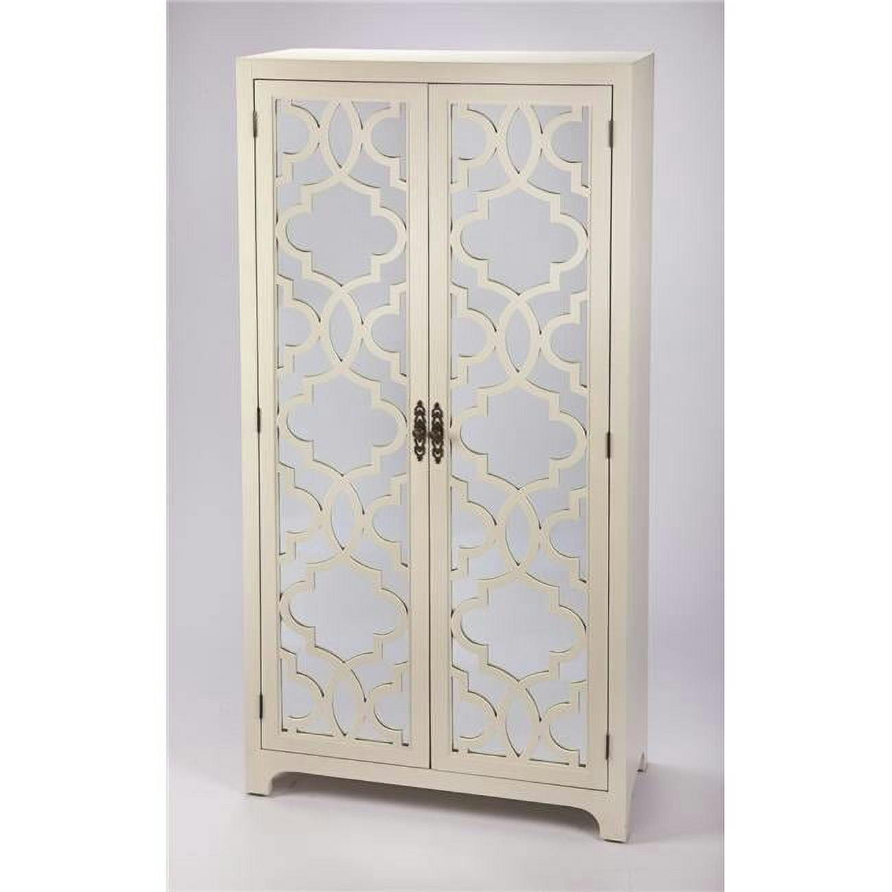 Elegant White Mirrored Armoire with Trellis Pattern and Brass Handles